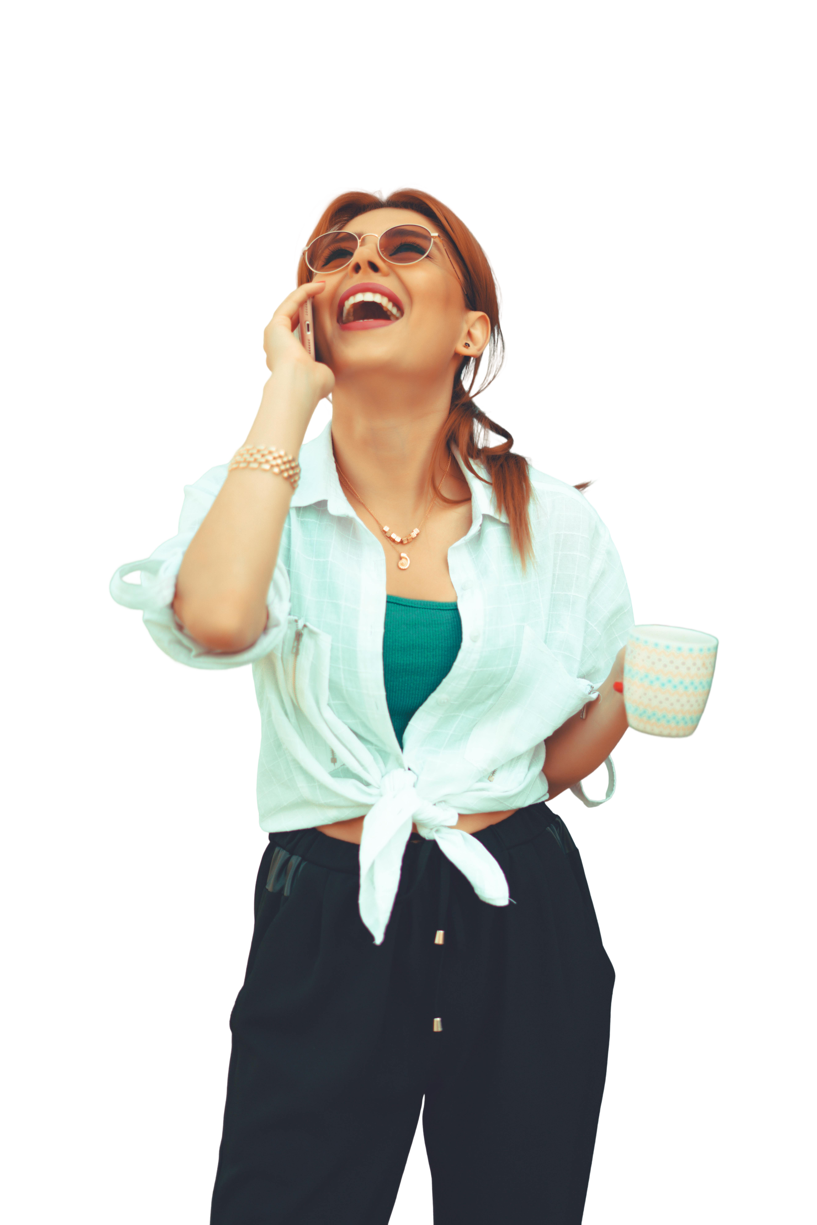 Happy customer using her phone